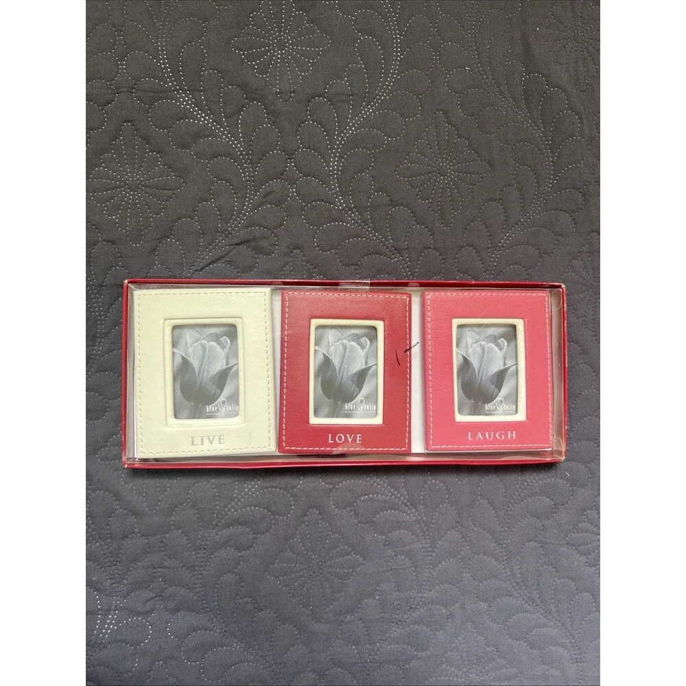 Blue Tulip 3pc LIVE LOVE LAUGH Leather Photo Frame Set 2 1/2”x1 1/2” Accent Gift